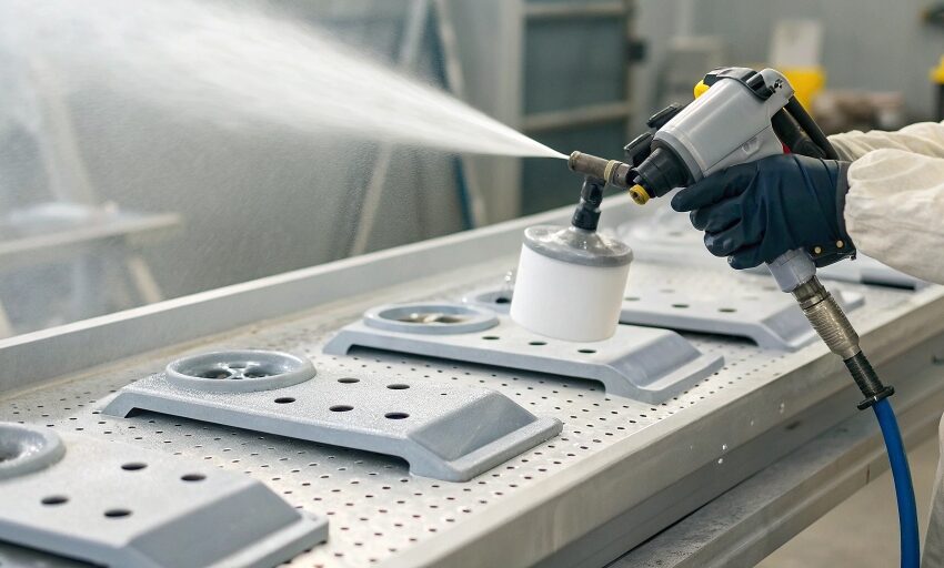 A technician using a professional powder coating gun to apply a smooth, even layer of powder on aluminum parts in a workshop, demonstrating precision and high-quality finish.