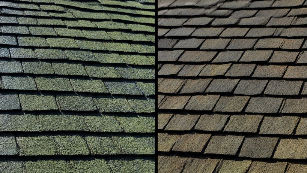 Comparison showing clean algae-resistant shingles versus standard shingles with black algae streaks