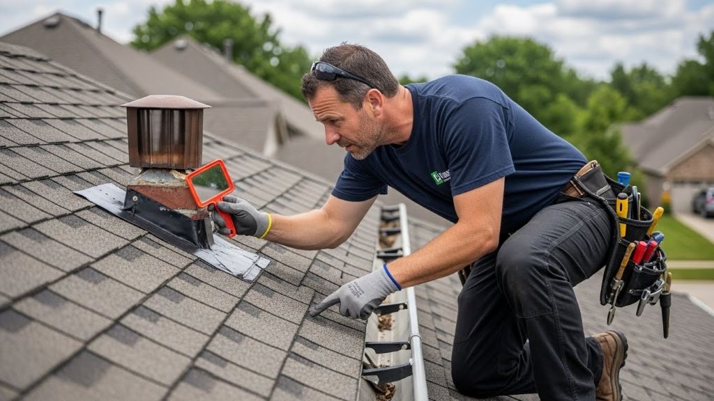 Professional roofing contractor examining flashing and gutters during comprehensive roof inspection