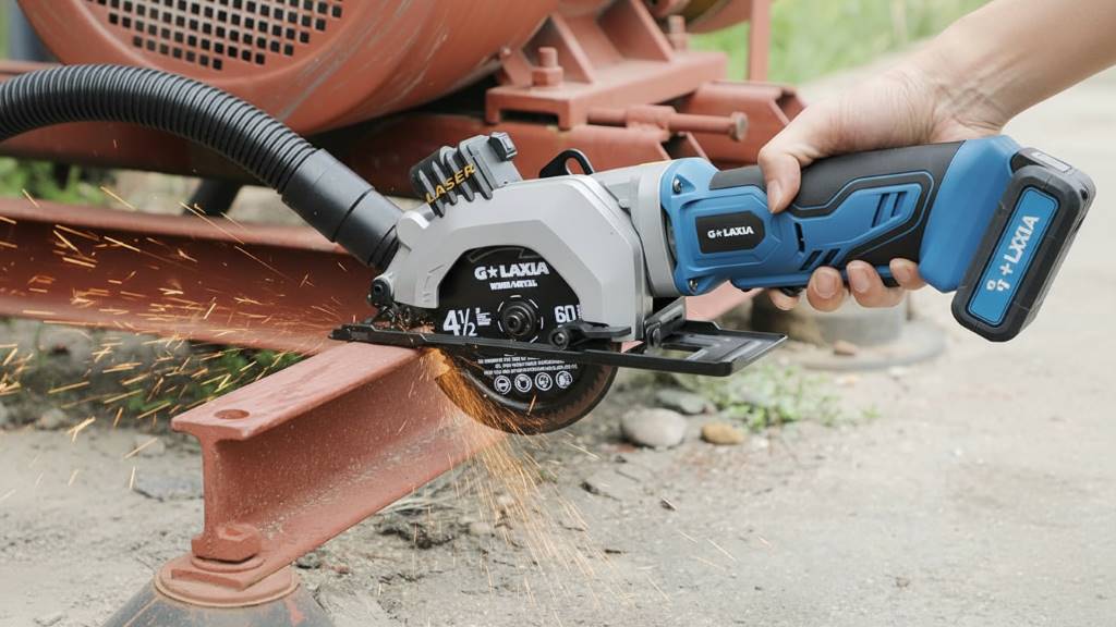 Vacuum adaptor connected to mini circular saw dust port during cutting