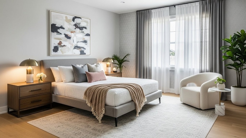 Modern queen bedroom set with neutral décor