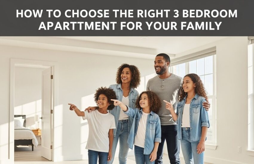 Family inspecting a 3 bedroom apartment layout