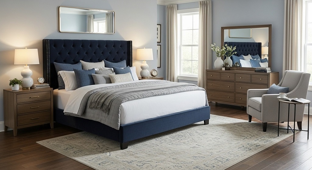 Modern bedroom furniture setup with king size bed