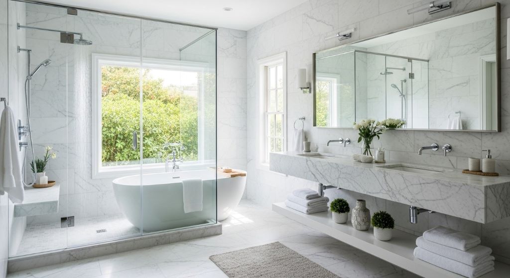 Spa-like ensuite bathroom with frameless glass shower, marble tiles, and natural lighting creating a luxurious retreat