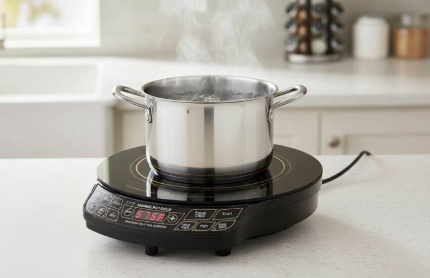 Nuwave Gold Induction Cooktop on kitchen counter with boiling pot