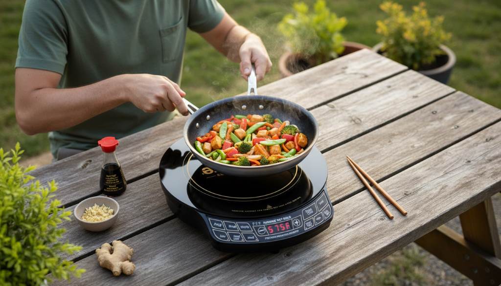 User cooking stir-fry on portable Nuwave Gold Induction Cooktop outdoors
