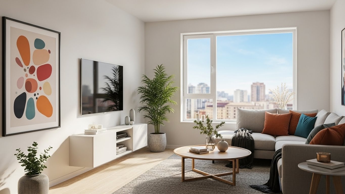 Living room design in a family-friendly 3 bedroom apartment