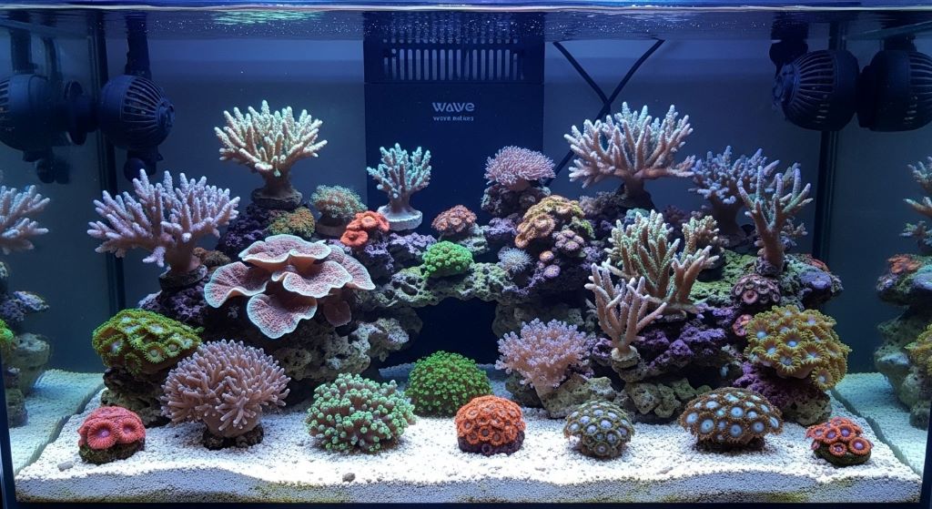 Nano reef aquarium with proper water flow from small pump showing healthy coral growth and clear water movement patterns