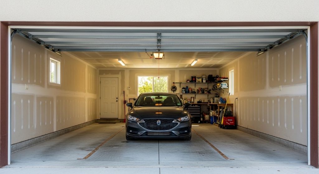 Open single-car garage interior showing 9-foot door width with vehicle parked and adequate clearance space on sides