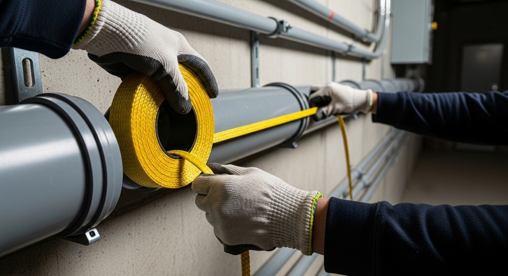 High load tape attached to cable grip during industrial electrical installation