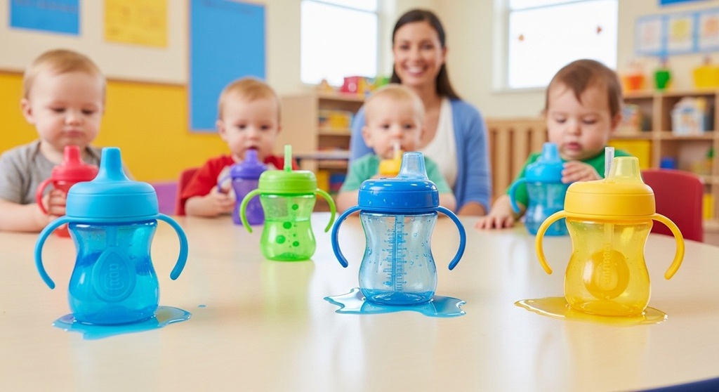 Parent testing leak-proof sippy cup at home