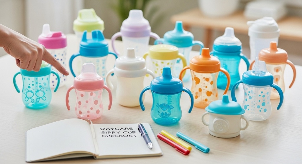 Durable spill-proof sippy cup labeled for daycare use