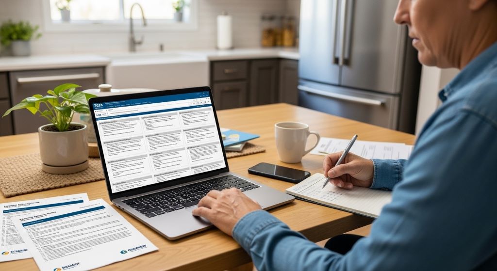 A homeowner reviewing multiple repair estimates on a laptop at a kitchen table, comparing roofing contractor quotes to save money on roof repairs in 2026