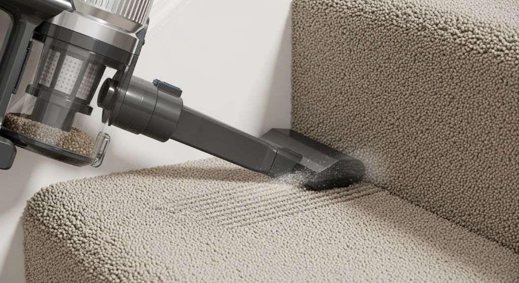 Close-up of a small cordless vacuum with a crevice tool attachment cleaning the corner of a carpeted stair tread