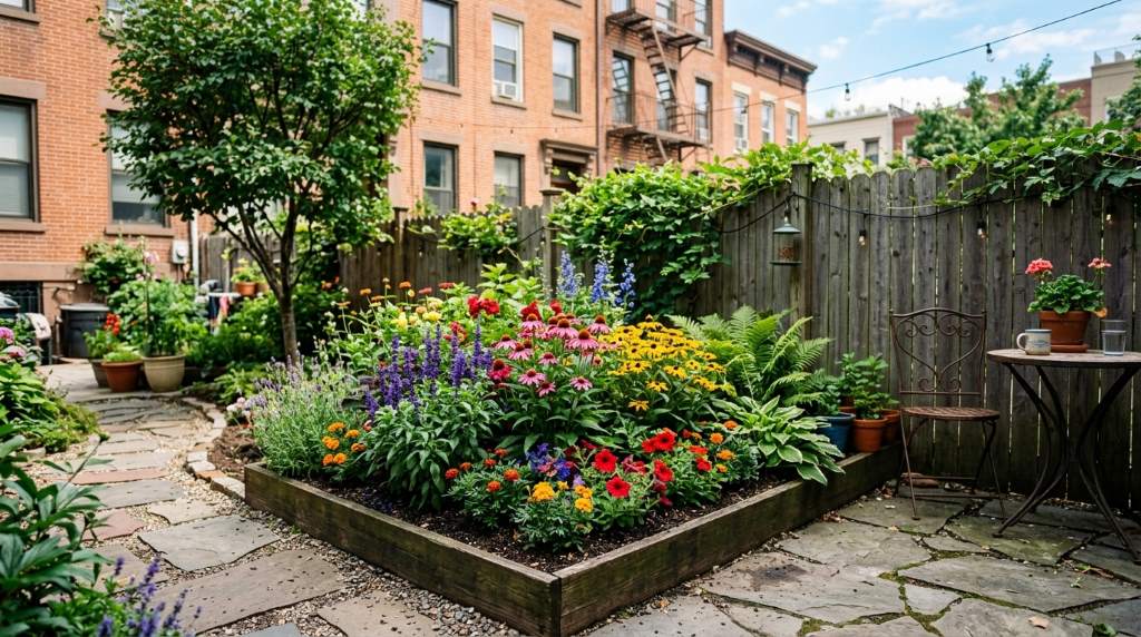 Balcony container flower garden in Brooklyn apartment with vertical planters