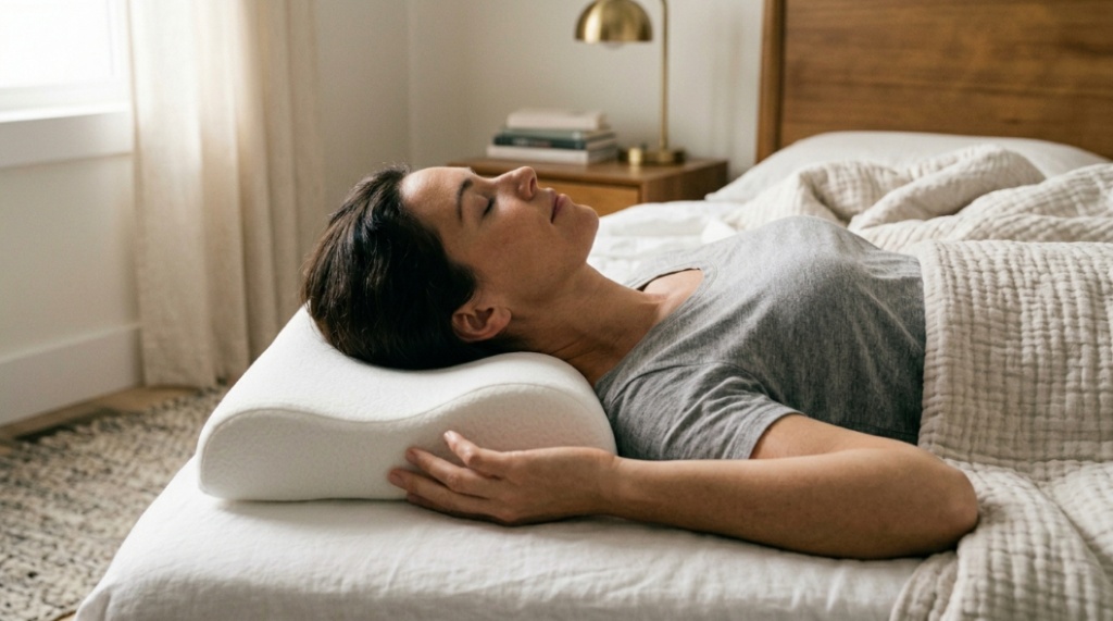 A person sleeping on their side with perfect neck alignment on a supportive cervical contour pillow.