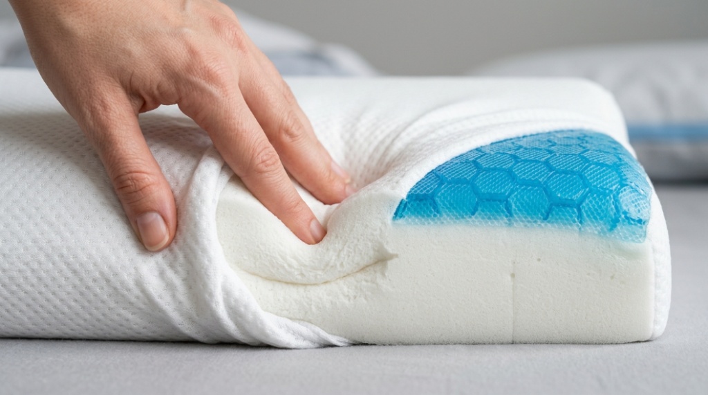Close-up of a hand pressing a slow-rebound memory foam contour pillow with a blue cooling gel layer.