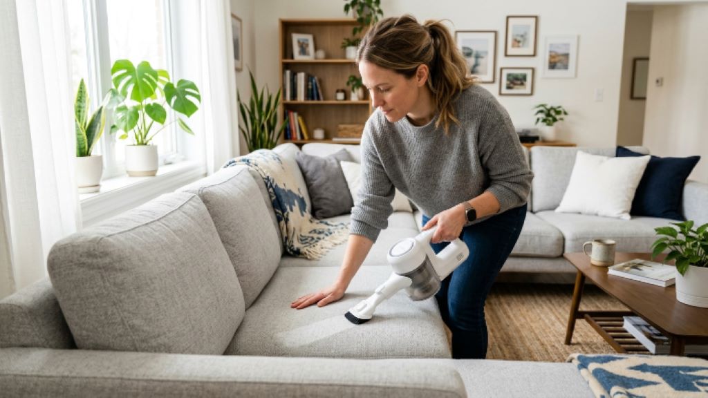 A person using a white sofa vacuum cleaner on a light grey fabric couch in a bright living room