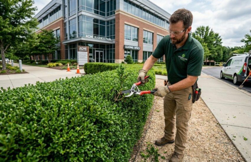 Professional landscaper using pro-grade bypass pruning shears to trim a shaped hedge on a commercial property