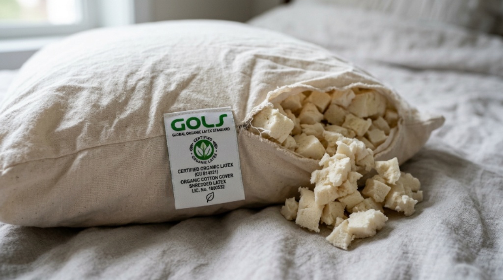 Close-up of a shredded organic latex pillow with a GOLS certification tag visible on its organic cotton cover