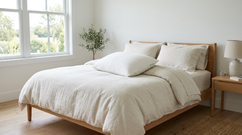 A white organic latex pillow resting on a neatly made bed with natural linen bedding in a bright, minimal bedroom