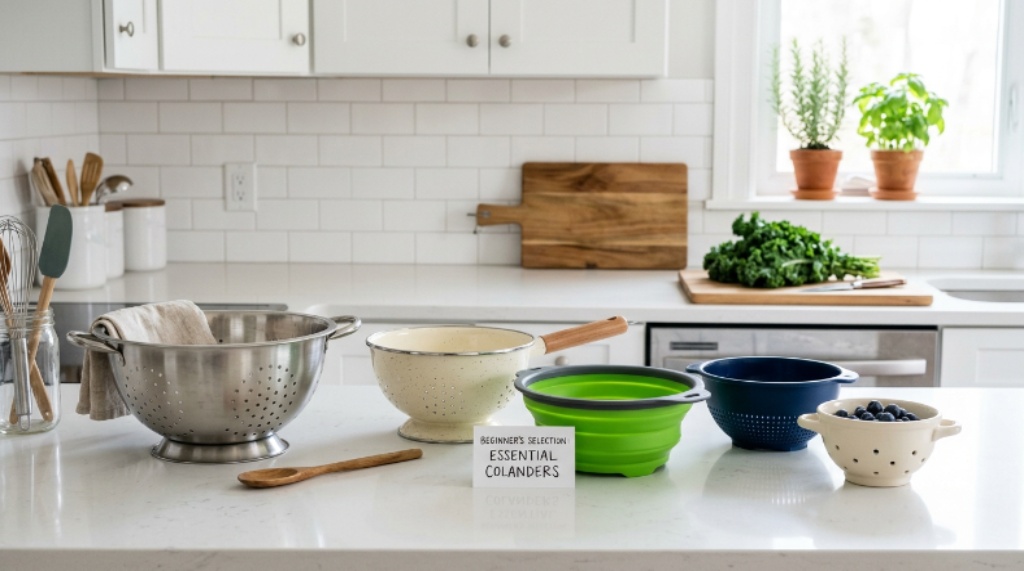 Beginner's selection of different colander sizes and materials displayed on a clean kitchen countertop