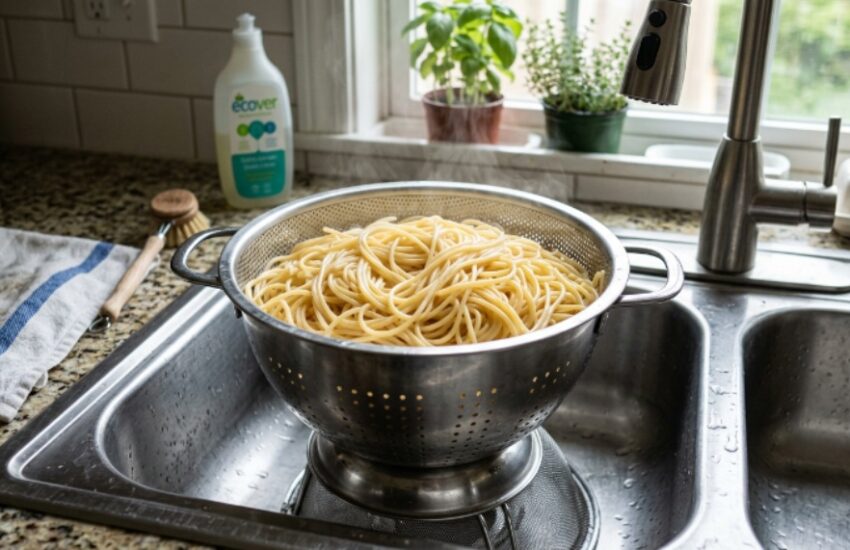 A stainless steel standing colander full of freshly drained spaghetti over a kitchen sink