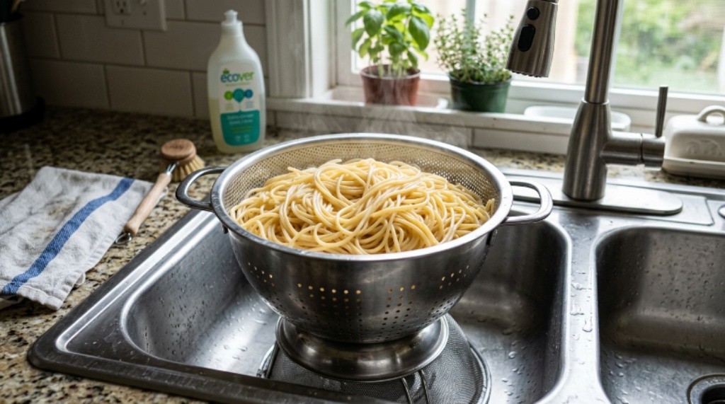A stainless steel standing colander full of freshly drained spaghetti over a kitchen sink