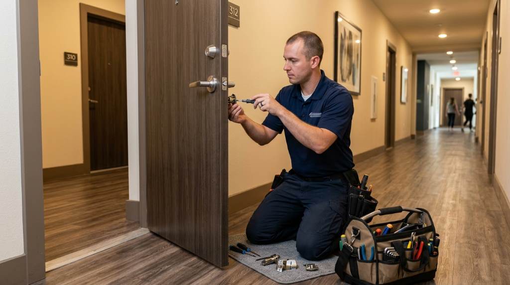 Property manager inspecting interior push lock door alignment during apartment maintenance in Austin TX