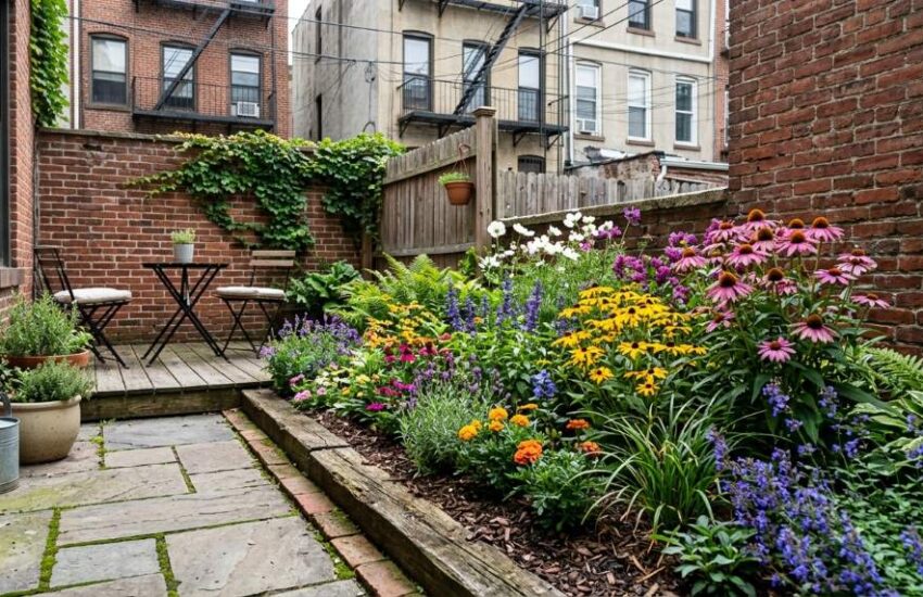 Small urban flower bed with colorful plants in Brooklyn backyard space