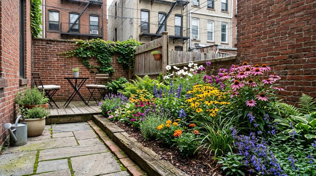 Small urban flower bed with colorful plants in Brooklyn backyard space