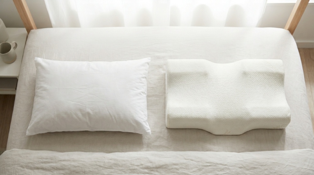 Side-by-side comparison of a standard flat pillow and an ergonomic wave-shaped contour pillow in a bright bedroom.