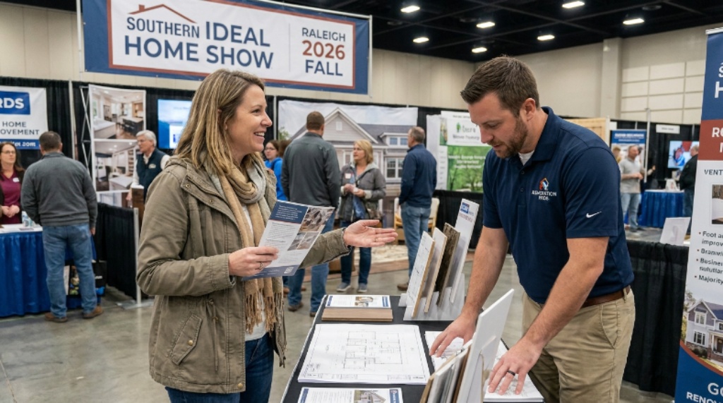 Homeowner speaking with renovation contractor at Southern Ideal Home Show 2026 Fall exhibitor booth in Raleigh