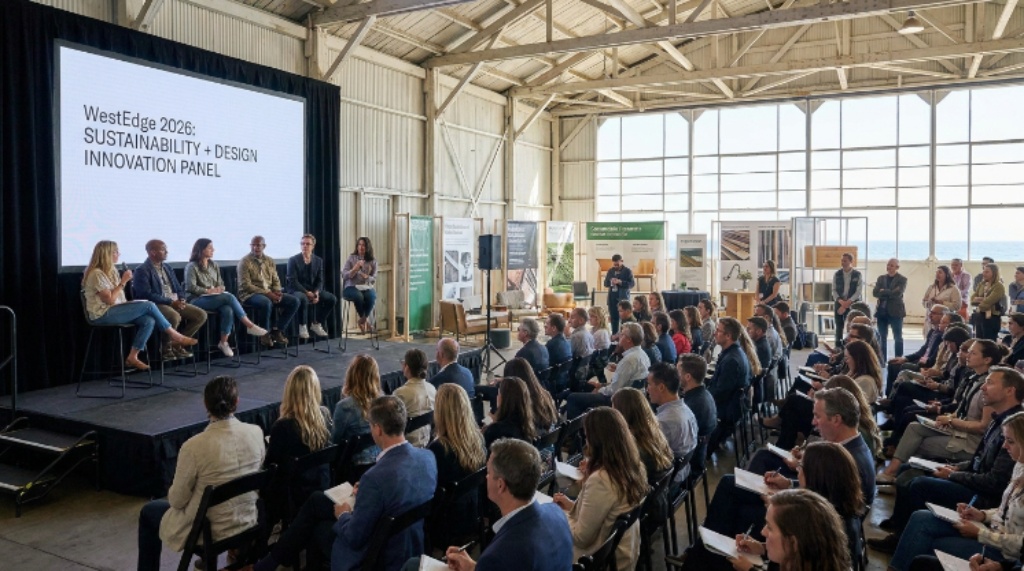 Designers and architects attending a panel discussion on sustainability and design innovation at WestEdge Design Fair 2026 in Santa Monica