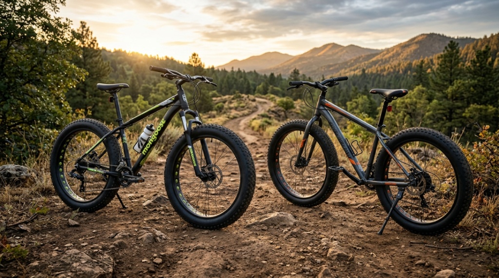 Cyclist riding a Mongoose Argus Trail fat bike down a steep dusty hill.