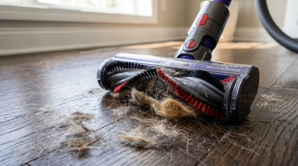 A person detaches a portable vacuum canister to clean carpeted stairs easily.