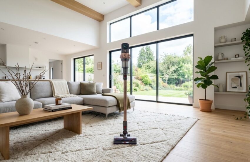 A modern cordless stick vacuum stands upright on a living room area rug.