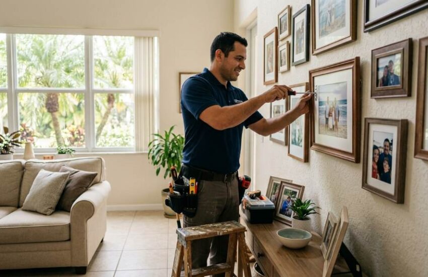 Fixing a loose photo frame on a living room wall