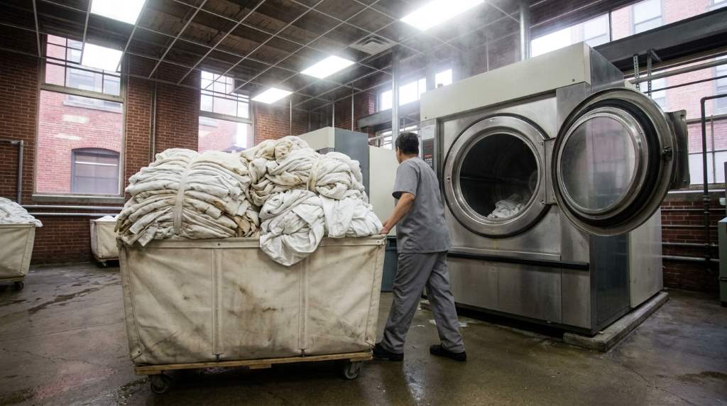 Freshly dried white hotel bedding folded for storage