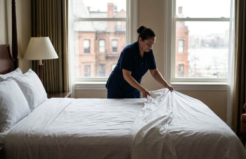 Hotel staff washing white sheets in a commercial laundry machine