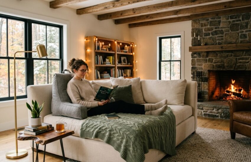 Person relaxing in bed with a supportive reading pillow in a cozy room.