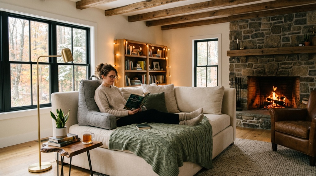 Person relaxing in bed with a supportive reading pillow in a cozy room.