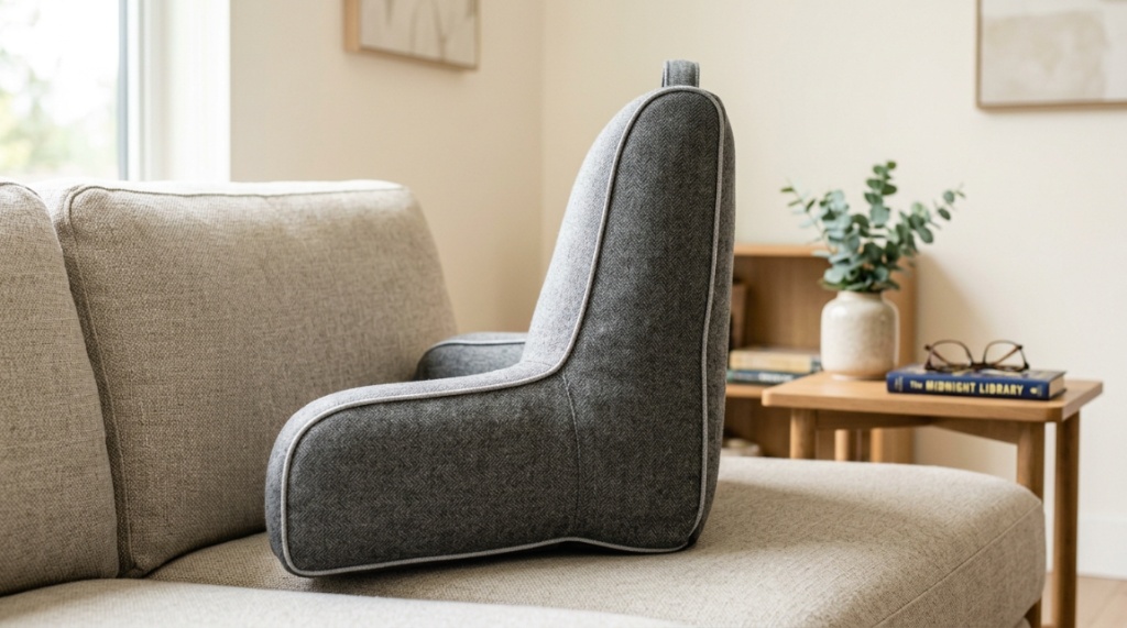 Ergonomic reading pillow showing supportive armrests and contoured back design.