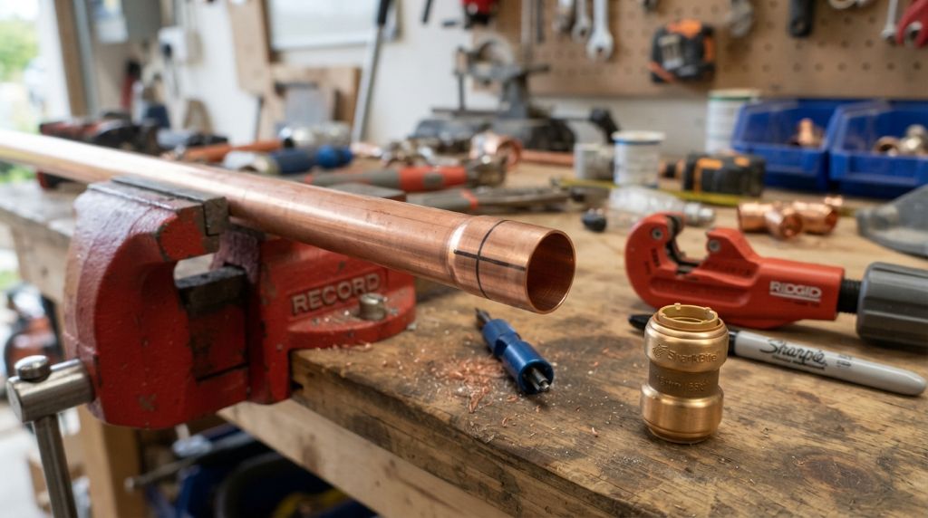 Copper pipe prepared for a push-fit plumbing connection