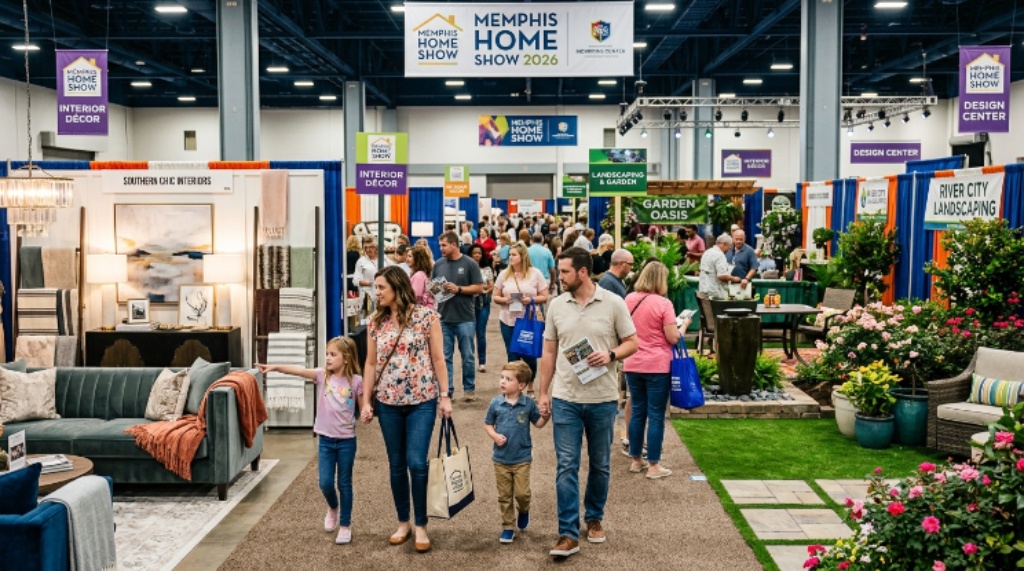 Families browsing interior décor and landscaping booths at the Memphis Home Lifestyle Show 2026