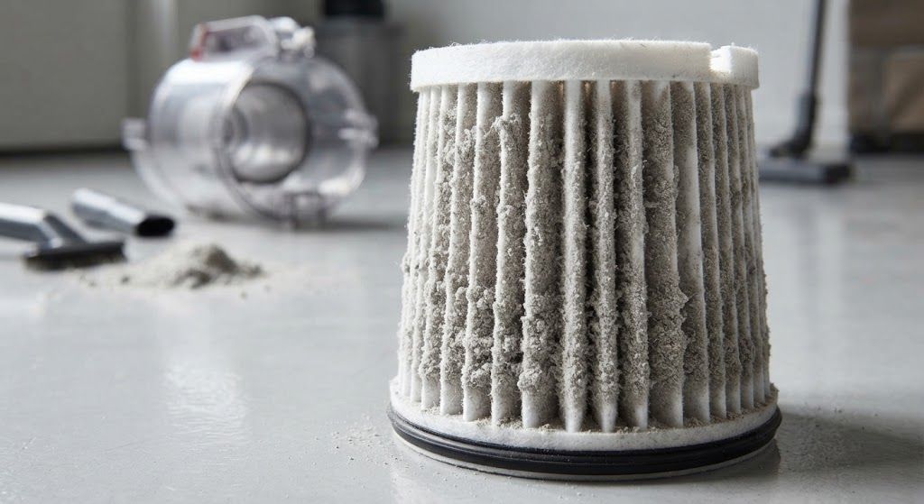 Vacuuming fine dust and filter clogging