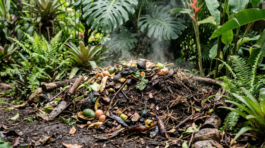 Gardener using a pitchfork to turn backyard compost bin.