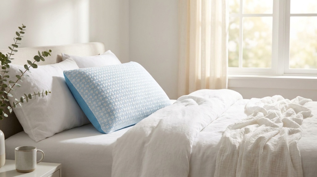 A peaceful woman sleeping comfortably on a cooling memory foam pillow at night.