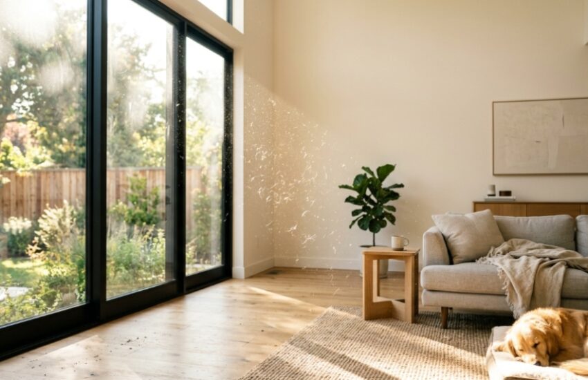 Sunlight illuminating floating pet hair and dust in a living room.