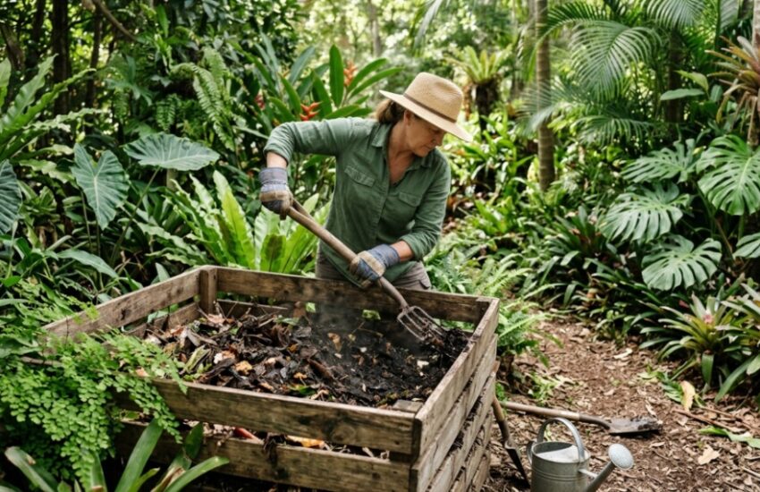 Steam rising from rich dark compost pile in lush tropical garden.